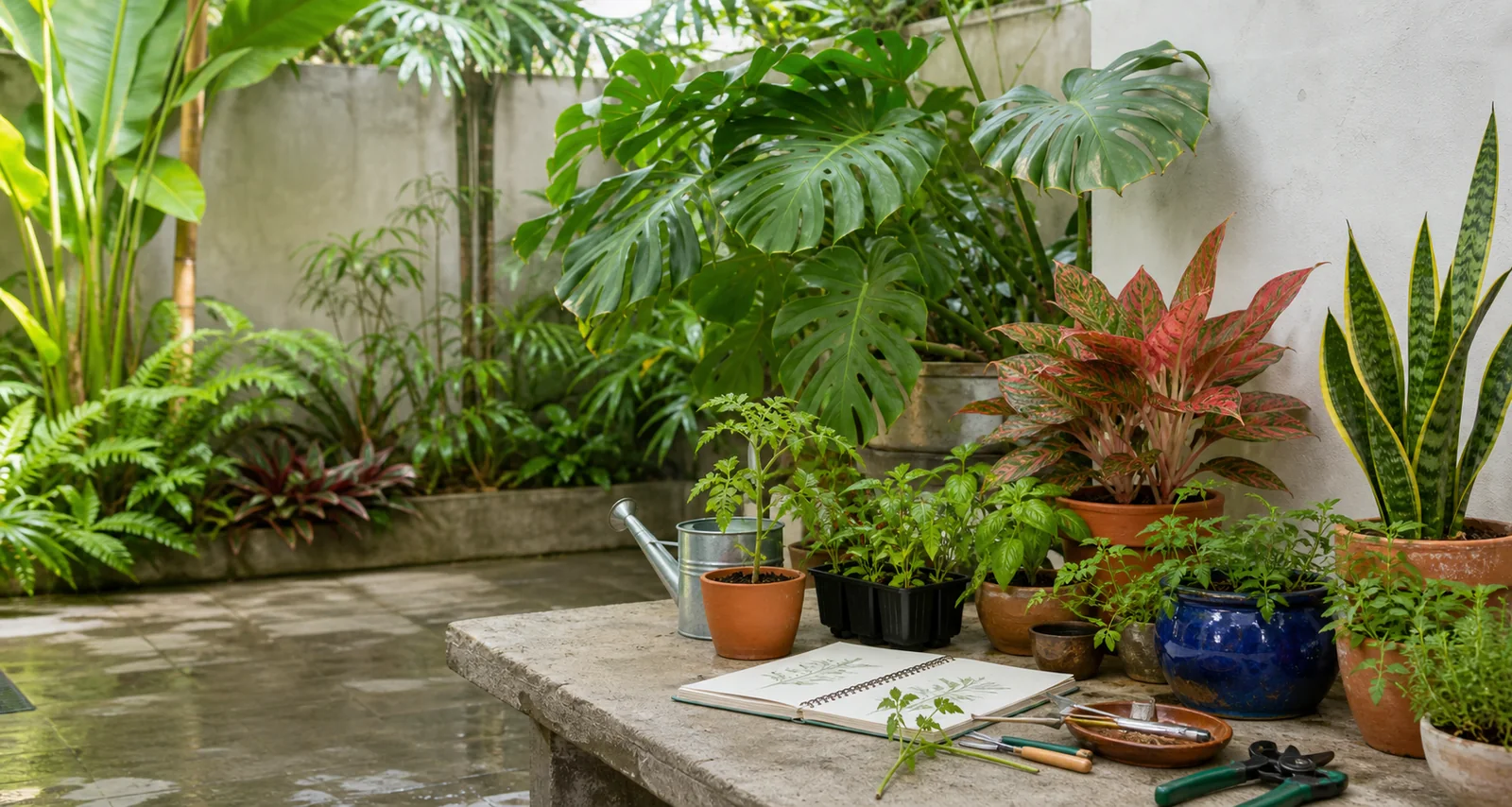 Kebun tropis dengan tanaman rumah dan bibit sayur