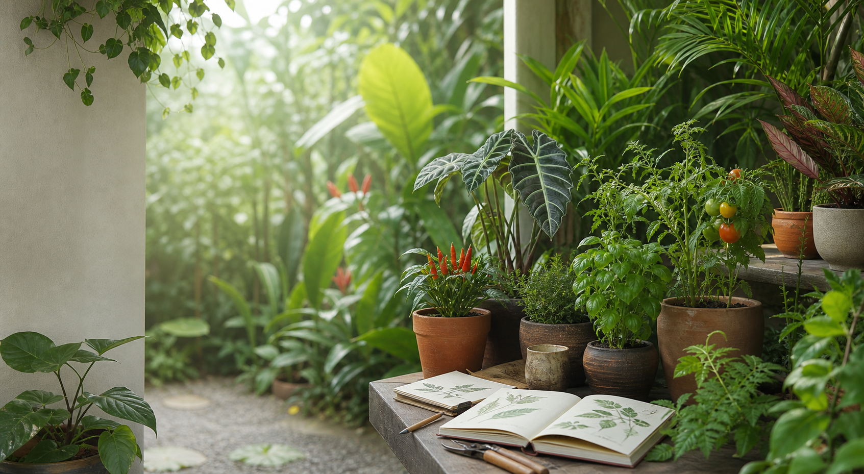 Kebun rumah tropis dengan tanaman hias, herbal, dan bibit sayur